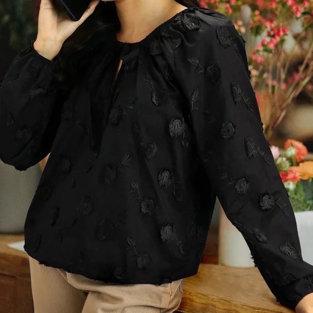 M&S Collection Black Floral Fil-Coupe Blouse Long Sleeve Tie Neck Top Size 8